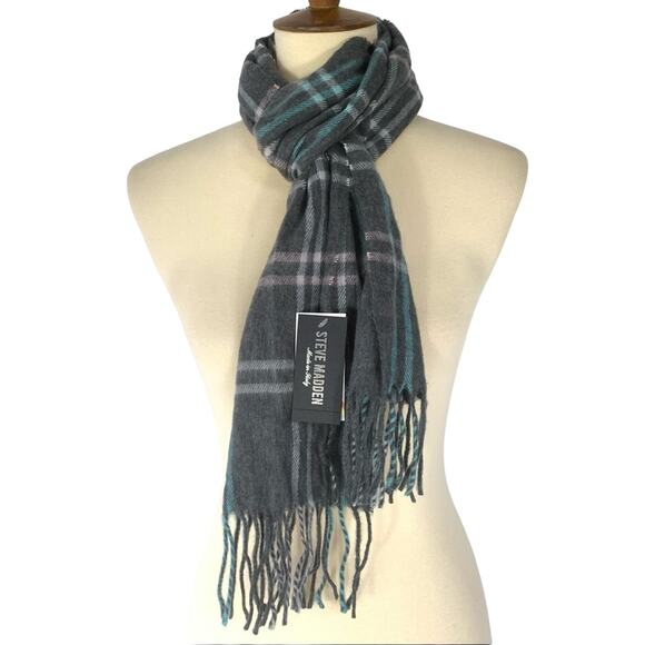 Steve Madden Plaid Grey And Blue Muffler Scarf OS - Picture 6 of 6